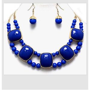 Necklace Earrings Set Blue Gold Bead Chain Chunky 17"-20"L Women Cabochon
